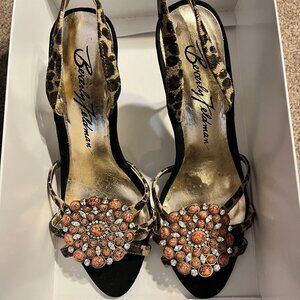 Beverly Feldman Leopard Print and Jeweled Heeled Sandals Size 7 1/2 M